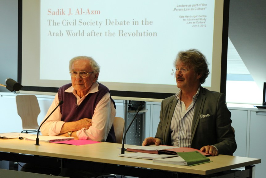 Syrian philosopher and intellectual, Sadiq J. Al-Azm, (left) is seen here giving a lecture at the Käte Hamburger Center for Advanced Study in the Humanities, July 3, 2012.